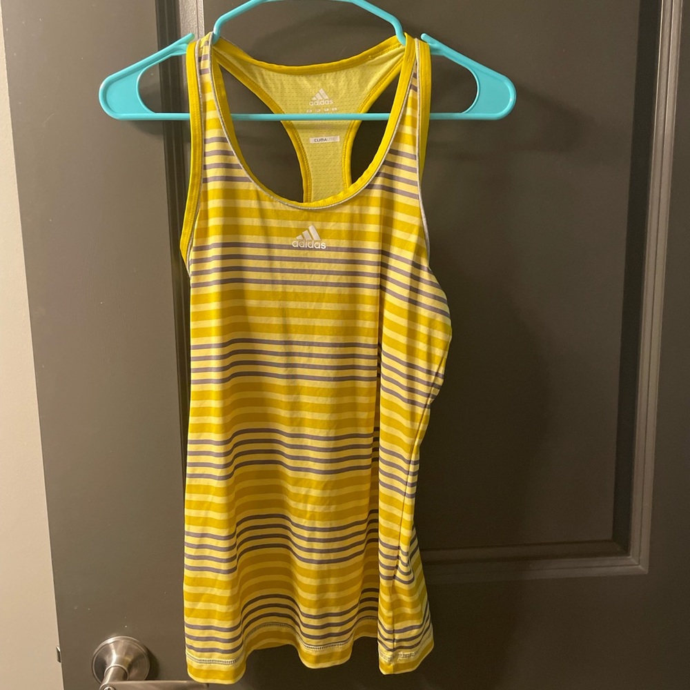 Adidas yellow and gray striped racerback athletic work out tank top